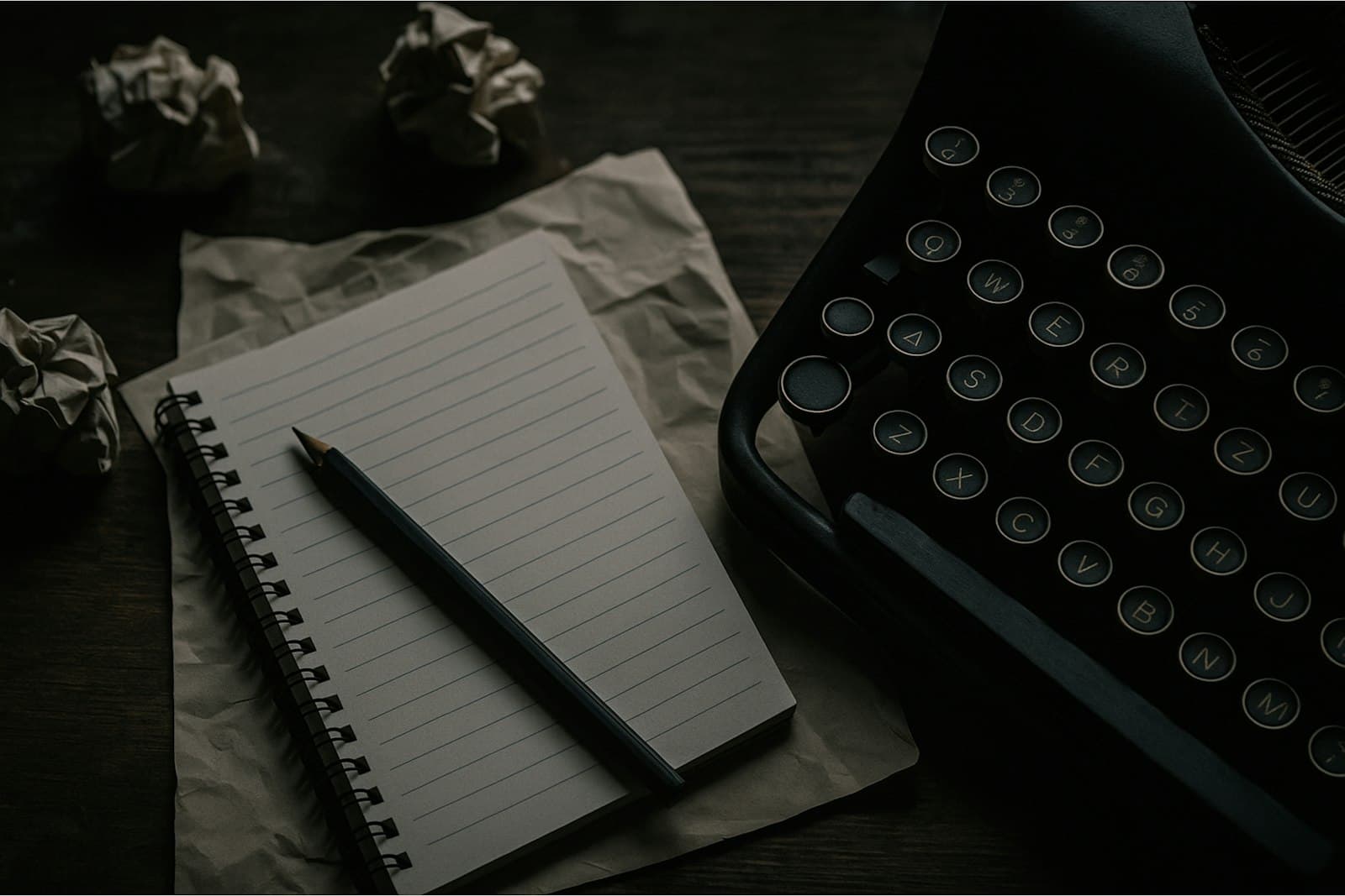 A typewriter, notepad, and crumpled paper drafts on a desk while a pitch gets written