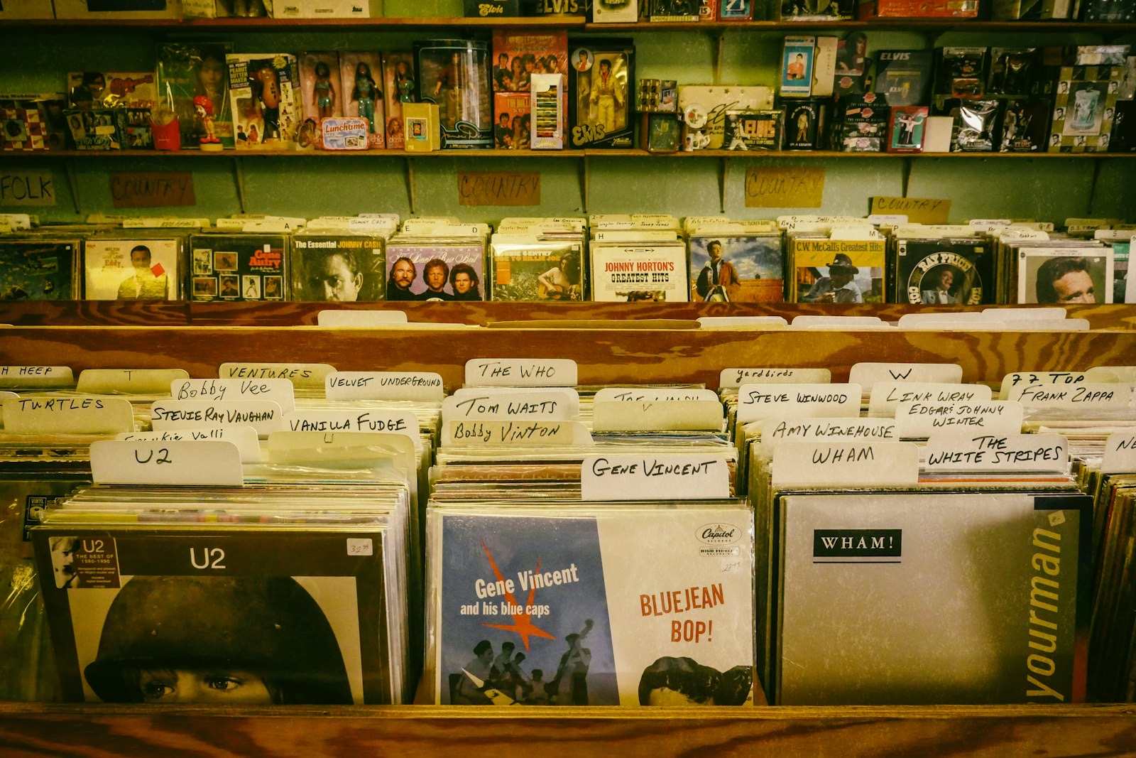 Rows of vinyl records filed upright in labelled bins in a record shop